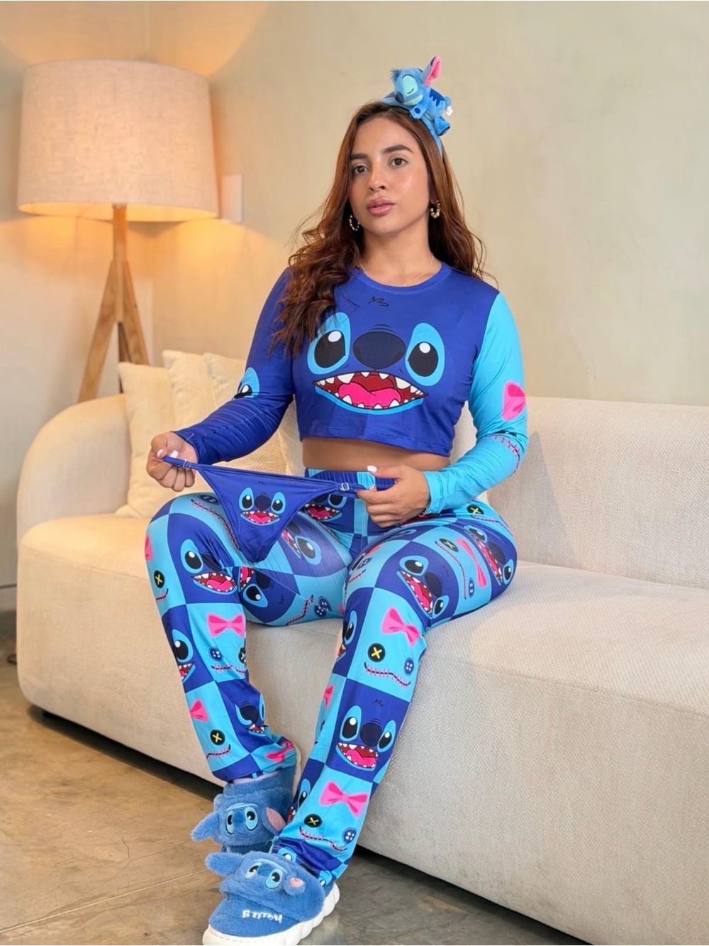 Blue Stitch Print pajama Set 3 piece fit size S-L